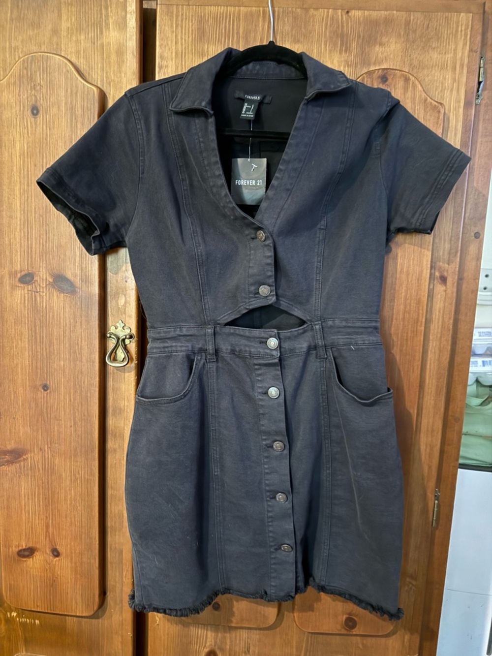 Forever 21 Black Short-Sleeve Button-Front Cutout Mini Dress